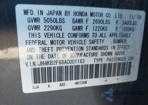2010 Acura Rl 3.7 from USA, damaged, VIN JH4KB2F68AC001163